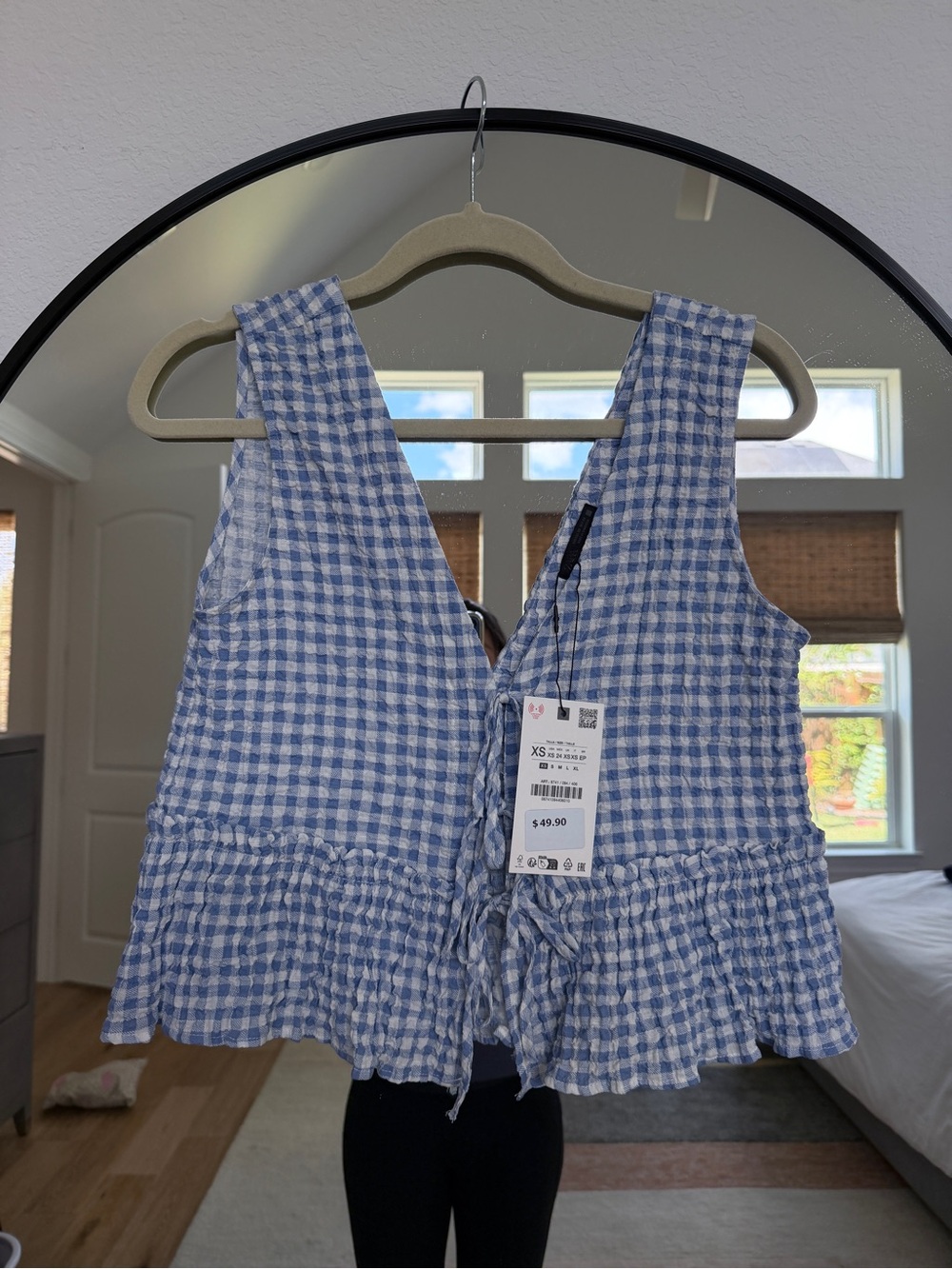Blue Gingham Ruffle Tie-Front Tank Blouse